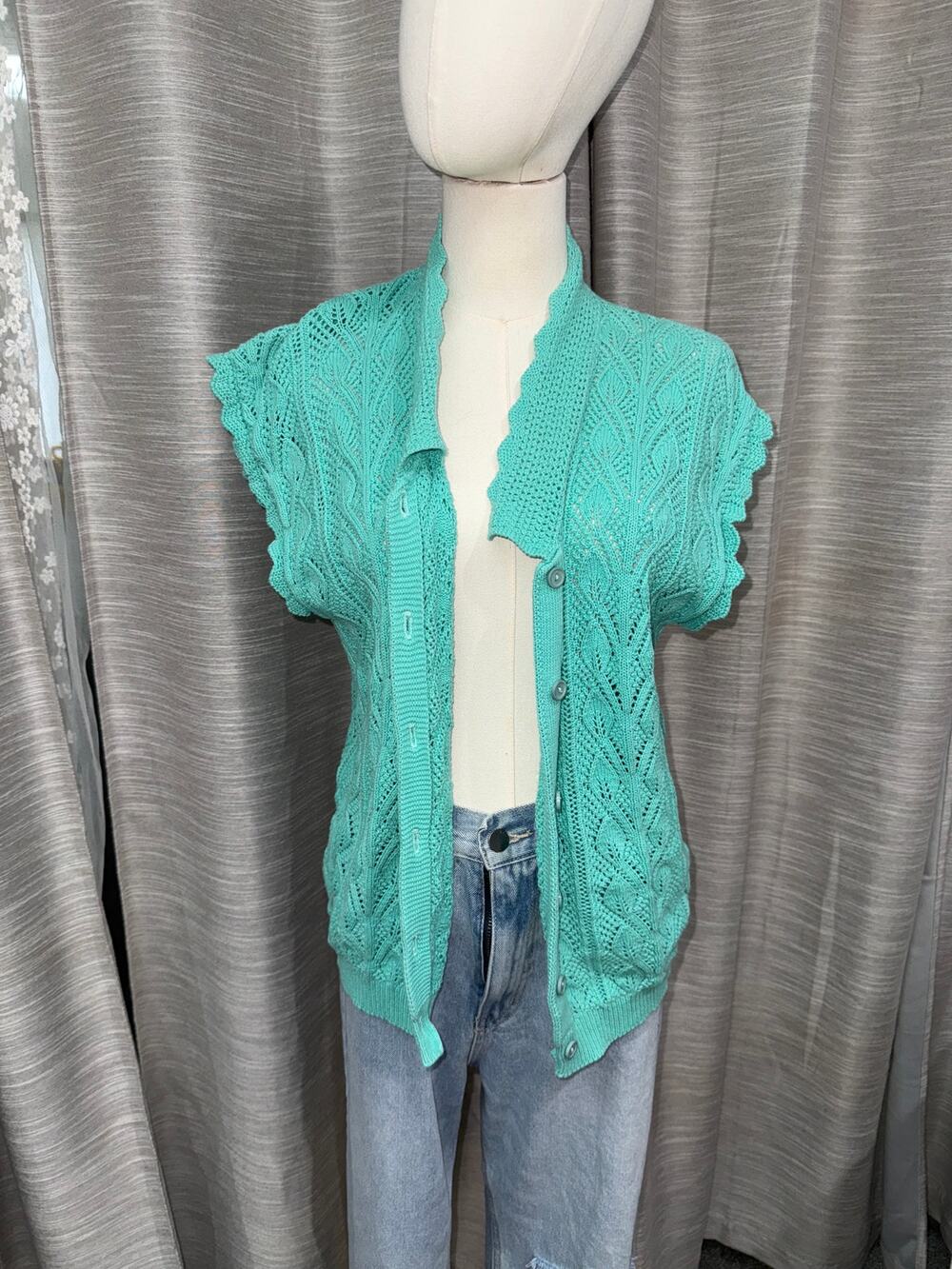 British Vogue Vintage Crochet Cardigan Sweater 100% Cotton Cottagecore